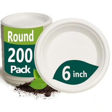 Imagem de Pratos pequenos de papel de 15 cm, pacote com 200 pratos de sobremesa descartáveis compostáveis feitos de fibras de cana-de-açúcar, ecológico, branco