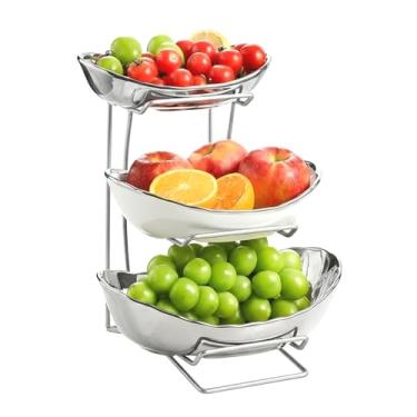 Imagem de MEIGLQEA Tigela de frutas dourada e prata com suporte de metal, fruteira branca de cerâmica de 3 camadas para balcão de cozinha, cesta de frutas em camadas para lanches, armazenamento de doces de pão