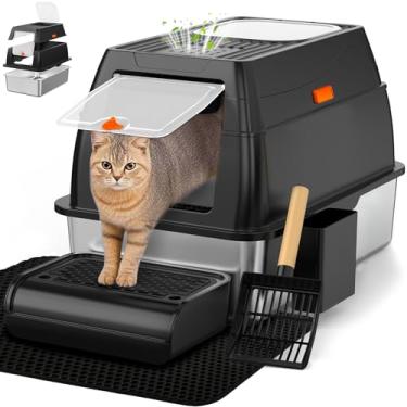 Imagem de Vivifying Caixa de areia de aço inoxidável com tampa, caixa de areia extragrande fechada com entrada frontal XL para gatos grandes e gatinhos, bandeja de metal para gatos de saída superior com colher
