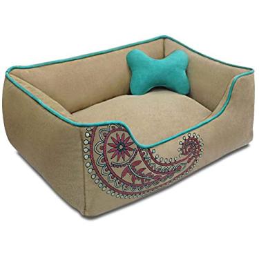 Imagem de Blueberry Pet Cama de microcamurça para animais de estimação, recheio reciclável e removível com zíperes YKK, lavável na máquina, para gatos e cães, 63,5 x 53,3 x 25,4 cm, bege champanhe bordado