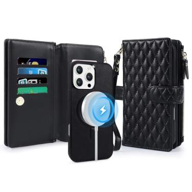 Imagem de Lacass Capa carteira para iPhone 16e, compatível com MagSafe Magnetic 2 em 1 de couro sintético destacável magnético com bloqueio de RFID, suporte para cartão, cordão de pulso, acolchoado, preto