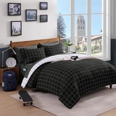 Imagem de AMBERSPACE Conjunto de edredom xadrez tamanho queen, preto, 7 peças, leve para todas as estações, para meninos, meninas, adolescentes, bolsa com lençóis, fronhas e fronhas