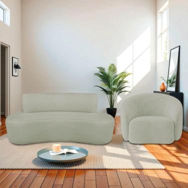 Imagem de Kit Recamier Curvo Amsterdã 140cm E Poltrona Amore Luxo Bouclé Cor Verde Oliva