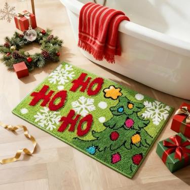 Imagem de JarThenaAMCS Tapete de banheiro de Natal 19,7 x 35,4 polegadas Árvore de Natal HOHOHO Tapete de banho absorvente antiderrapante tapete de chuveiro tapete de porta frontal para entrada de sala de casa