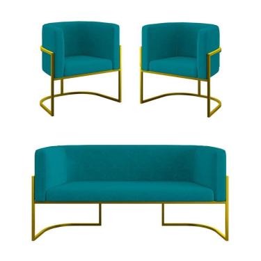 Imagem de Kit 2 Poltronas + Sofá 2 Lugares Base De Metal Gold Balaqui Azul Turquesa