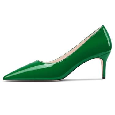 Imagem de TNYNFBEB Sapato feminino com salto baixo gatinho bico fino, sem cadarço, formatura, casamento, vestido diário, couro envernizado, salto de 6 cm, Verde escuro, 35