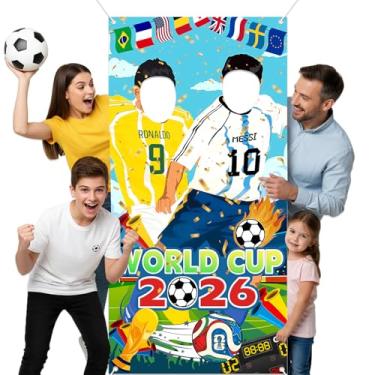 Imagem de Faixa fotográfica da Copa do Mundo, 188 x 89 cm, pano de fundo para jogador de futebol de 2026 com orifício facial, para decoração de festa de futebol da Copa do Mundo da FIFA, adereços para fotos