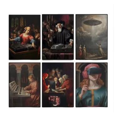 Imagem de Kit 10 Quadros Decorativos Arte Renascentista, Multicolorido, MDF, 15x20cm, Estilo Moderno Humorístico, Tema DJ e Tecnologia, para Decoração Residencial e Comercial