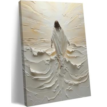 Imagem de ICHZUMW Arte de parede em tela cristã Jesus andando na água, pintura religiosa de Jesus, pôsteres de imagens minimalistas bíblicas, decoração de parede para igreja, escritório, quarto, sala de estar