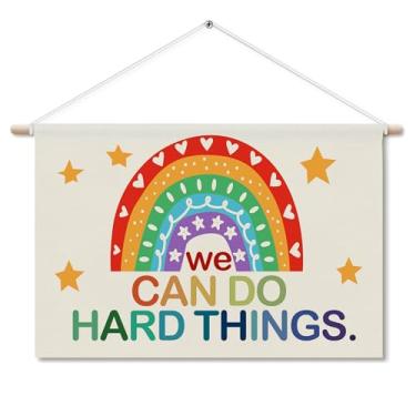 Imagem de TWRVI We Can Do Hard Things Cabide de pôster com moldura de madeira, decoração de arte de parede com citações positivas de arco-íris boho para sala de aula, pôsteres de incentivo inspiradores para