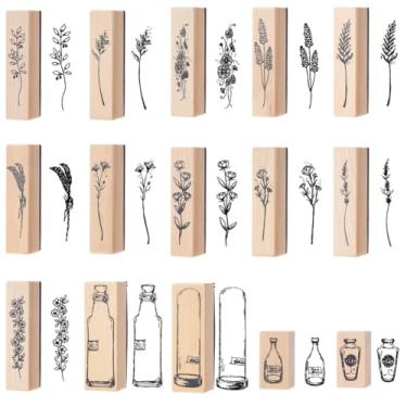 Imagem de Carimbos de madeira decorativos de plantas e flores para bricolage, álbuns, criação de cartões, pintura criativa, 15 peças de carimbos de borracha vintage montados em madeira, carimbos de borracha de