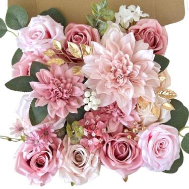 Imagem de Conjunto de caixa de flores artificiais de seda, rosas rosas empoeiradas, flores douradas, blush rosa, buquês de casamento, bolo faça você mesmo, floral falso com arranjos de hastes, chá de bebê, mesa