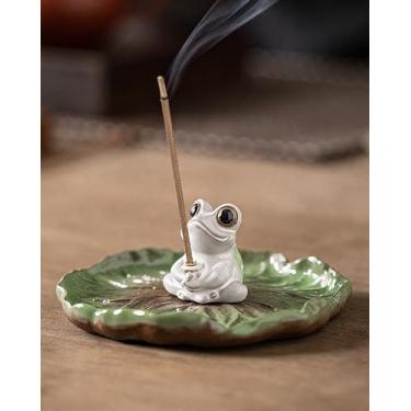 Imagem de TEAVOR Suporte de incenso de cerâmica – Queimador de incenso de sapo fofo com bandeja de folha de lótus, apanhador de cinzas, decoração zen artesanal para casa, meditação, ioga, presente