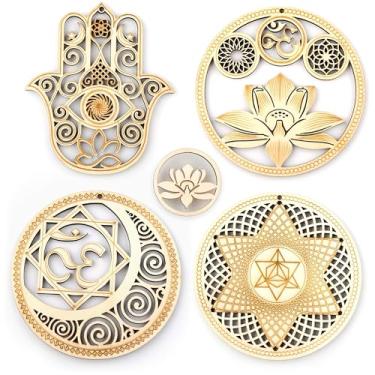 Imagem de Chiorgone Conjunto de arte de parede de madeira geometria sagrada - Lotus Hamsa Ohm Merkaba meditação decoração e porta-copos
