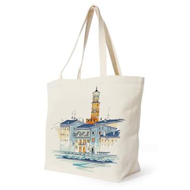 Imagem de Ganshine Sacola de lona Mediterranean Coastal Scene - impressão dupla face, ecológica 300 g/m2 - amigável (35% algodão, 65% poliéster), bolsa grande reutilizável para uso diário, viagens, praia