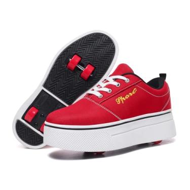 Imagem de Joyfultime Tênis infantil estiloso com rodas para meninos e meninas, adequado como presente para iniciantes, Branco, vermelho, 9 Big Kid