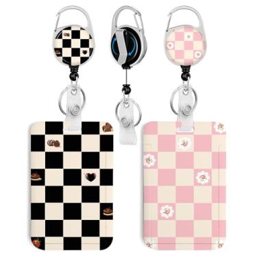 Imagem de Pacote com 2 porta-crachás xadrez preto e rosa com carretel retrátil resistente para mulheres, estudantes, professores, enfermeiros, uso no escritório
