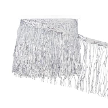 Imagem de letsinstyle Acabamento com franjas de lantejoulas prateadas de 5 metros, borlas de lantejoulas brilhantes, acabamento de franja metálica, fita de poliéster para artesanato faça você mesmo, cortina