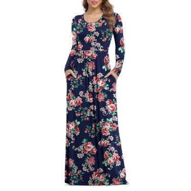 Imagem de VIISHOW Vestidos maxi femininos de manga comprida soltos e lisos, vestidos longos casuais com bolsos, 0 - azul marinho rosa, XGG