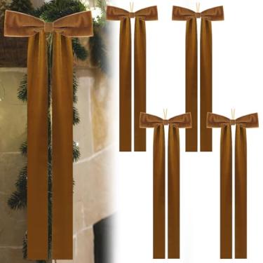 Imagem de HEYTIMI 4 peças de laços de Natal de veludo cáqui, 50 x 22 cm, decoração rústica grande para árvore de Natal, guirlanda, escada, presente, lareira, reutilizável, decoração macia para ambientes