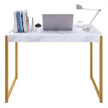 Imagem de Mesa Escrivaninha Escritório Estilo Industrial Computador Fácil Montagem (MARMORE/DOURADO)