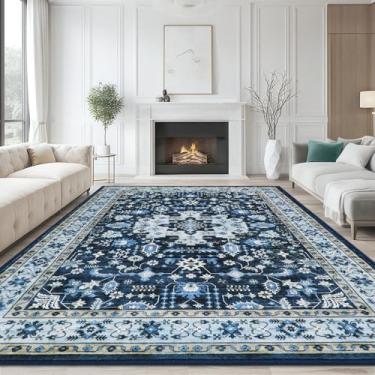 Imagem de Icegrey Tapete lavável 1,5 m x 18 m, tapetes grandes e macios dobráveis para sala de estar, antiderrapante, vintage, estampa de angústia, tapetes de área para quarto, sala de jantar, azul