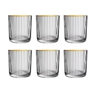 Imagem de Jogo 6 Copos Baixo Transparente 256ml Borda Dourada Graffiato (Perfeito P/Whisky, Drinks, Bebidas)