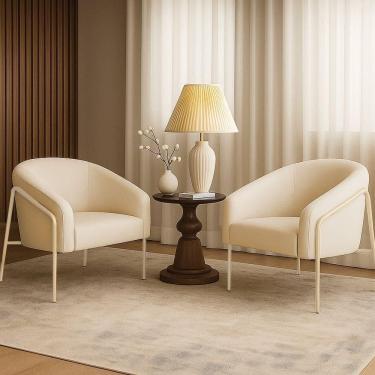 Imagem de Poltrona Sala Industrial Alta Champanhe Kit 2 Stella Linho Bege D03 - D`rossi