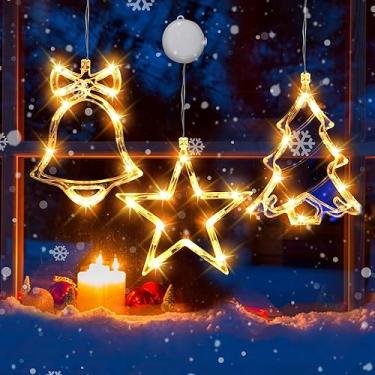 Imagem de 3 peças de luzes para pendurar janelas de Natal, luzes de janela movidas a bateria, decoração de silhueta, árvore de Natal iluminada, sino e estrela em forma de ventosa para Natal, varanda, festa, decoração interna e externa