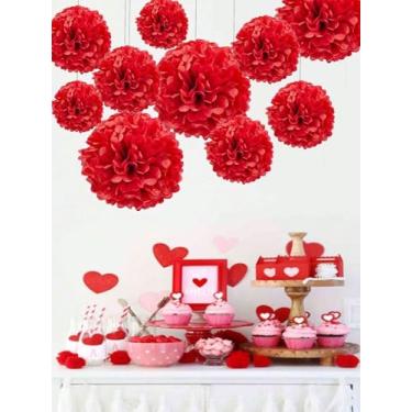 Imagem de 12 peças de bolas de flores de papel vermelho ornamentos decorativos para fundo de festa, Natal, dia dos namorados, ano novo, casamento, decoração de festival de aniversário