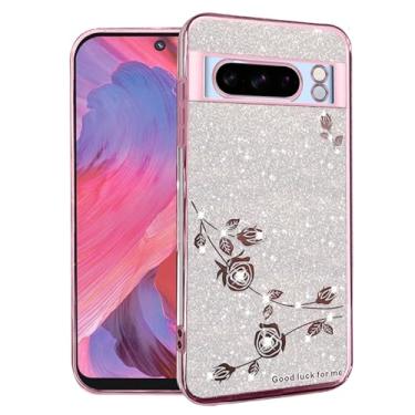 Imagem de Yarxiawin Capa para Google Pixel 8 Pro Capa de telefone transparente brilhante brilhante estética Google Pixel 8 Pro capa de silicone flor macia à prova de choque anti-arranhões roxa fina (prata-rosa)