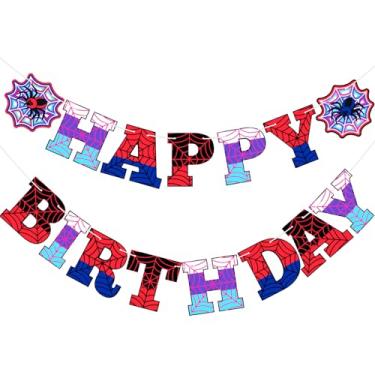 Imagem de Oudain Tema Aranha Fantasma Aniversário Banner Decorações Pré-amarradas Teia de Aranha Feliz Aniversário Banner Sinalizadores Desenho Pano de Fundo Artigos de Festa Favores (Vermelho Roxo Azul)
