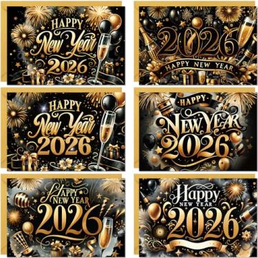 Imagem de Fancy Land Cartões de feliz ano novo 2025 cartões de felicitações de ano novo com envelopes folha dourada notas de feriado para festa de ano novo lembrancinhas de Natal 12 peças