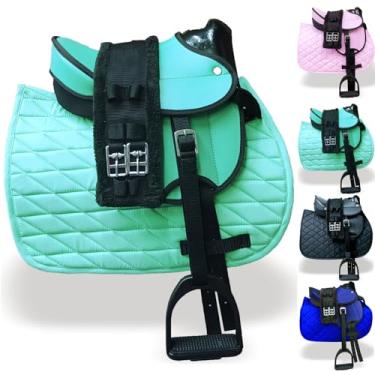 Imagem de Majestic Ally Conjunto de selim infantil multiuso de 5 peças de couro sintético – sela de pônei de 30 cm com acessórios completos (turquesa, 30 cm)