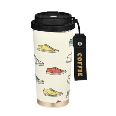 Imagem de STAYTOP Caneca de café de viagem com isolamento térmico de desenhos animados coloridos de 500 ml, copo de café reutilizável de aço inoxidável com tampa flip à prova de vazamento à prova de vazamento