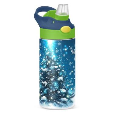 Imagem de YETTASBIN Garrafa de água de árvore de Natal para crianças, 340 g, à prova de vazamento, parede dupla, isolada, copo de viagem com tampa de canudo para meninas, meninos e crianças
