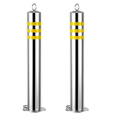 Imagem de LMJYU Corrimões de estacionamento com trava, 2 pacotes de postes de amarração refletivos para estrada, postes de sinalização de metal, postes de segurança de aço inoxidável, poste de trânsito