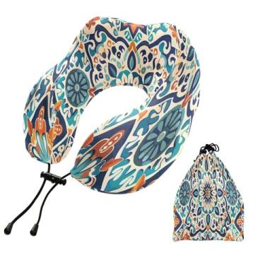 Imagem de CEBUGI Travesseiros de viagem portáteis em forma de U, travesseiro de pescoço de espuma viscoelástica com trava de corda ajustável para avião, viagem, trem, negócios, escritório, soneca (estampa