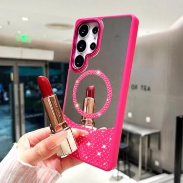 Imagem de HJZSZX Capa magnética com espelho de vaidade e glitter para Galaxy A15 (para Galaxy A15/rosa vermelha)