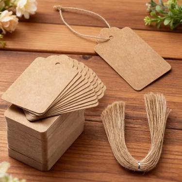 Imagem de 100 etiquetas de presente premium, etiquetas de preço de papel kraft disponíveis nos dois lados com fio de juta natural de 100 raízes, etiquetas artesanais para casamento, Natal, Dia de Ação de Graças