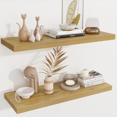 Imagem de Fun Memories Prateleiras flutuantes profundas, 91 cm L x 30 cm P Prateleiras flutuantes de madeira para parede, pacote com 2 prateleiras de armazenamento extra mais profundas e mais espessas para sala