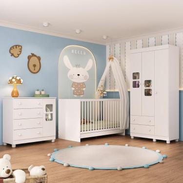 Imagem de Quarto De Bebê Completo Com Berço 3 Em 1 Para Colchão 130x60cm Sol Multimóveis MP4526 Branco
