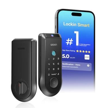 Imagem de Lockin Cadeado inteligente Veno com veia de palma, fechadura inteligente de entrada sem chave para porta da frente com campainha, bloqueio de impressão digital WiFi integrado, controle remoto de