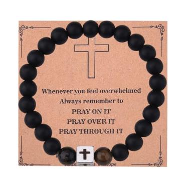 Imagem de Sudaporn Pulseira de cruz cristã, presente de batismo para irmão, filho, motivacional, inspiradora, pulseira de pedra natural, presentes cristãos, presentes para homens, aniversário, Natal, presentes