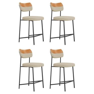 Imagem de Kit 04 Banquetas Médias Cozinha Lila Estofada Couríssimo Whisky Linho Bege - Desk Design
