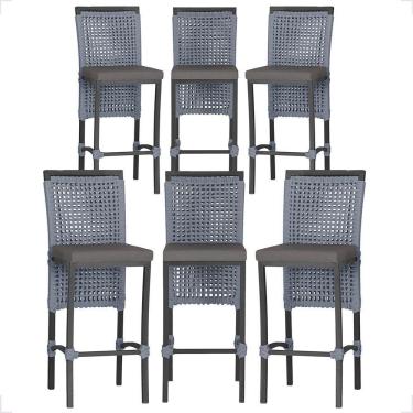 Imagem de 6 Banqueta Em Alumínio Roma Preta Corda Náutica Tecido 11 Prata