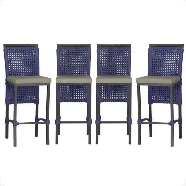 Imagem de 4 Banqueta Em Alumínio Roma Preta Corda Náutica Tecido 8 Azul