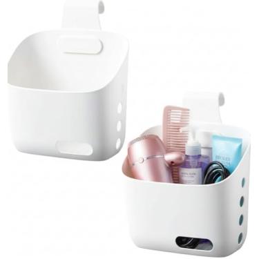 Imagem de Cesta suspensa de plástico organizador de armazenamento de cozinha, cesta com gancho destacável, pendure-a atrás de uma porta ou em uma grade, sobre a porta do armário (branco, grande - pacote com 2)