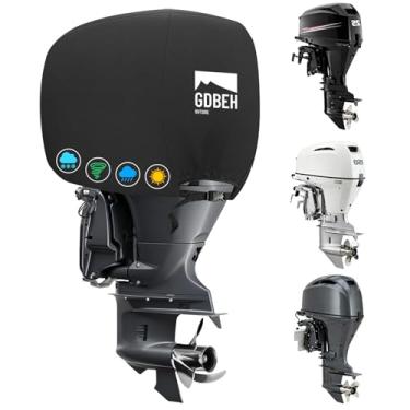 Imagem de Capa para motor de popa, resistente até 20 HP 900D motores marítimos à prova d'água, resistente ao sol, tiras à prova de vento, 56 x 30 x 39,9 cm, preta serve na maioria das marcas (115-225 HP)