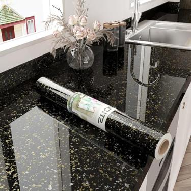 Imagem de Papel de contato de mármore preto dourado para bancadas, à prova d'água, brilhante, terraço, papel de contato, autoadesivo, granito, mármore, papel de parede descascar e colar bancada para armários de